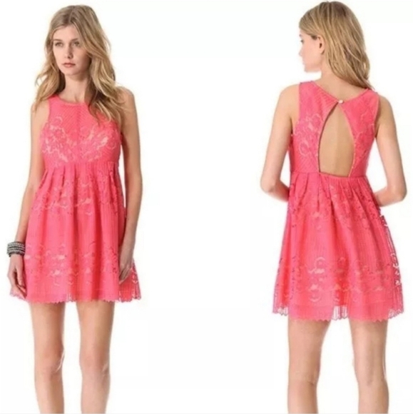 Free People Rocco Coral Lace Fit & Flare Mini Dress Open Back Sleeveless Sz 6 - Picture 16 of 16